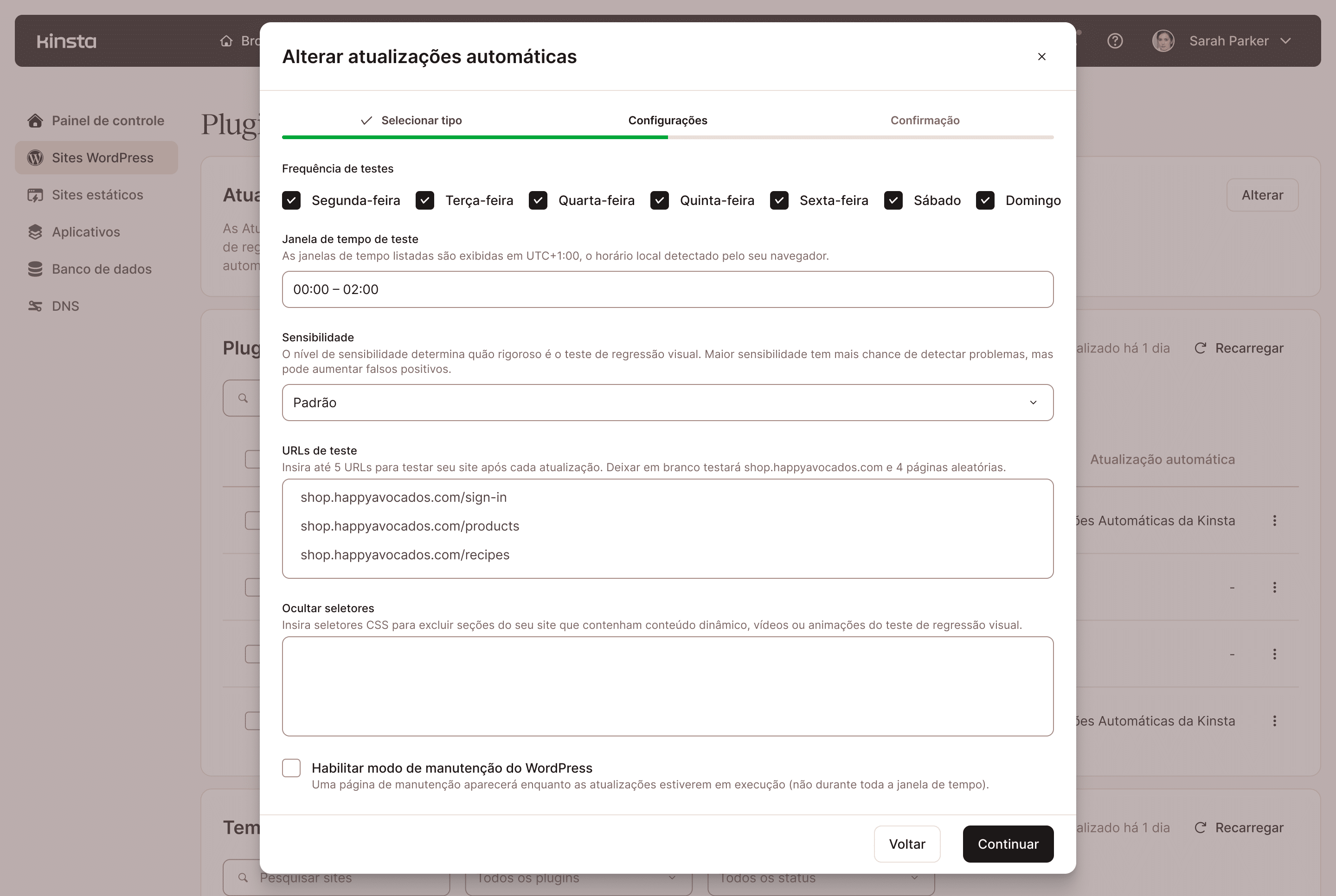 Interface de configuração de atualizações automáticas