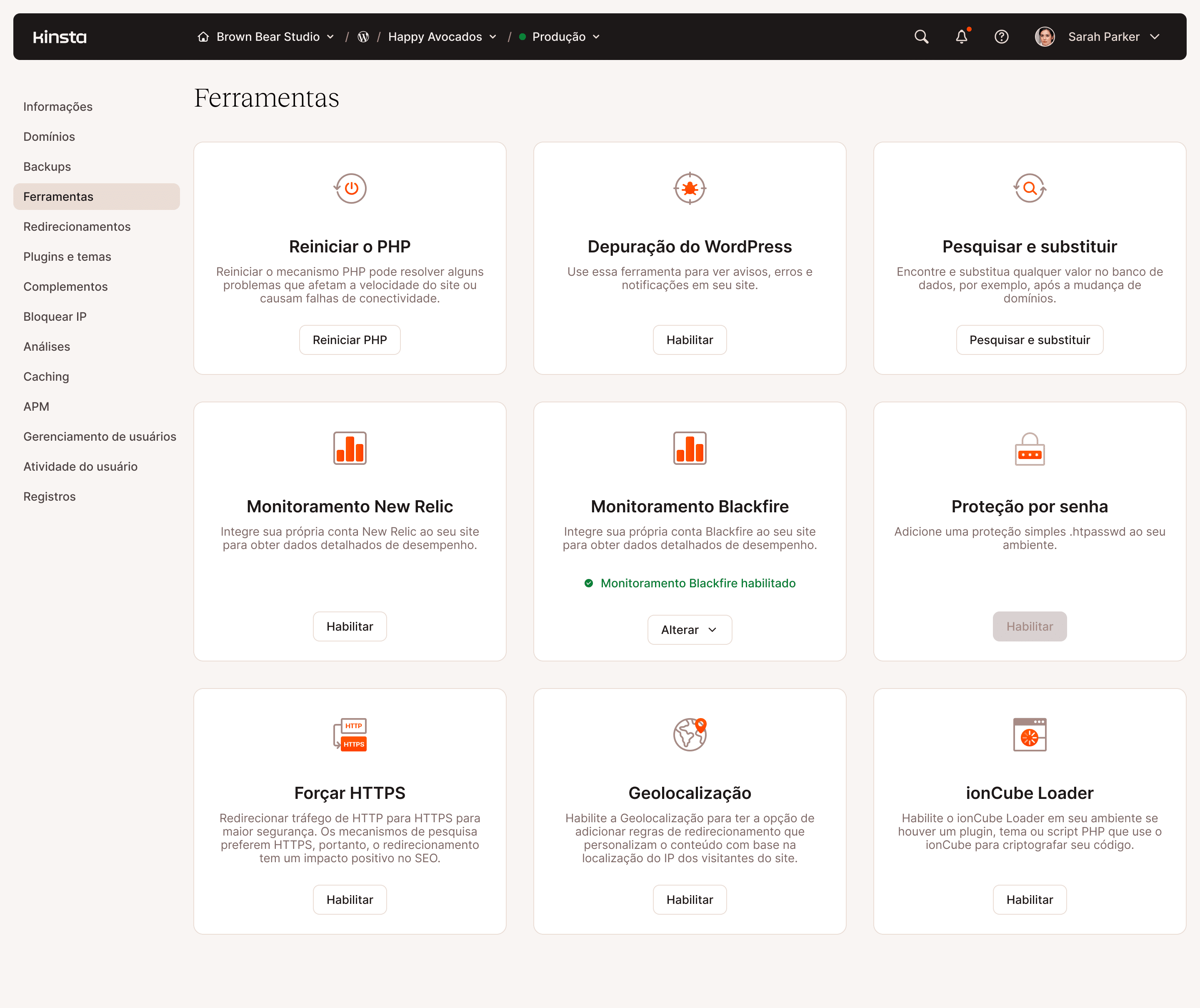 Painel de ferramentas de administração do servidor