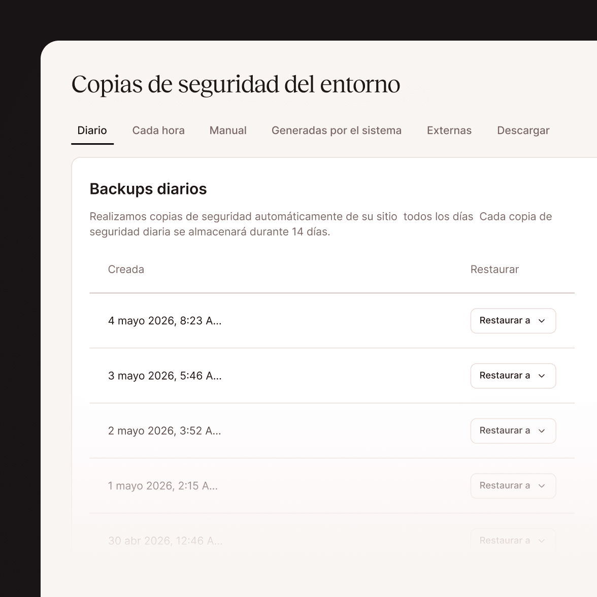 Os diferentes tipos de backups que a Kinsta oferece no painel do MyKinsta
