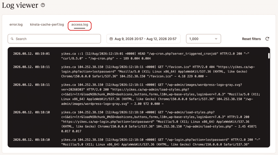 Fichier access.log dans la visionneuse de journaux MyKinsta.