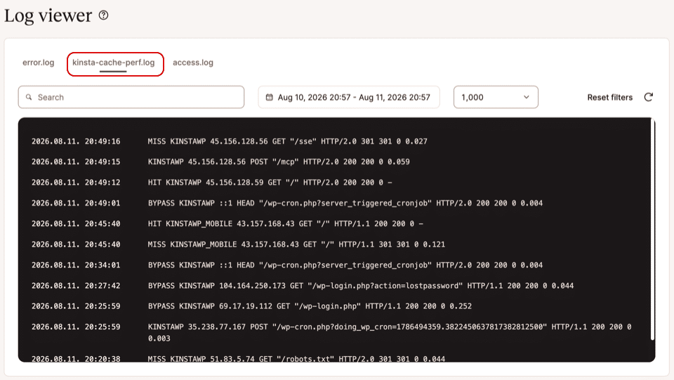 Fichier kinsta-cache-perf.log dans la visionneuse de journaux MyKinsta.
