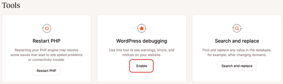 Activer le mode de débogage de WordPress dans MyKinsta.