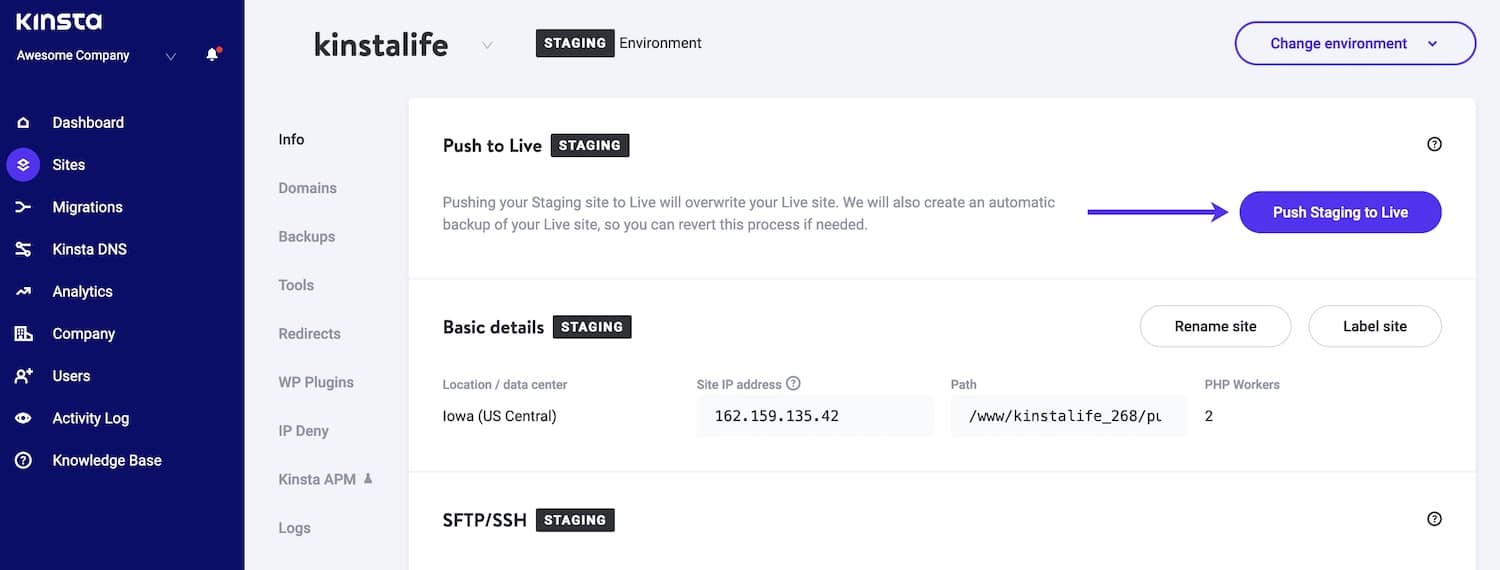 De testomgeving live pushen in MyKinsta