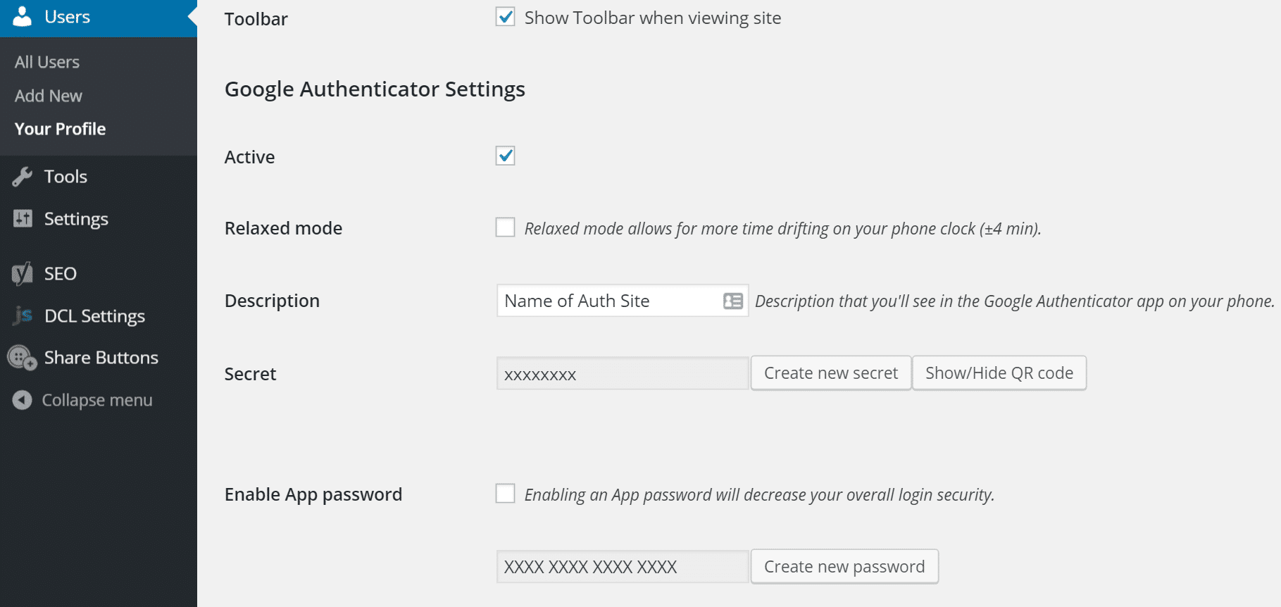 Google Authenticator settings wordpress two-factor authentication setup