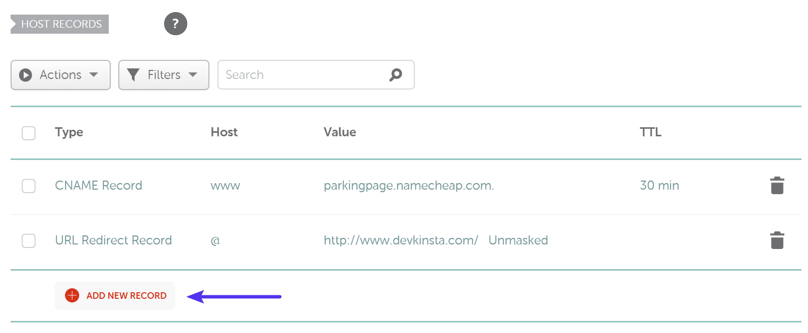 Aggiunta di un nuovo record su Namecheap