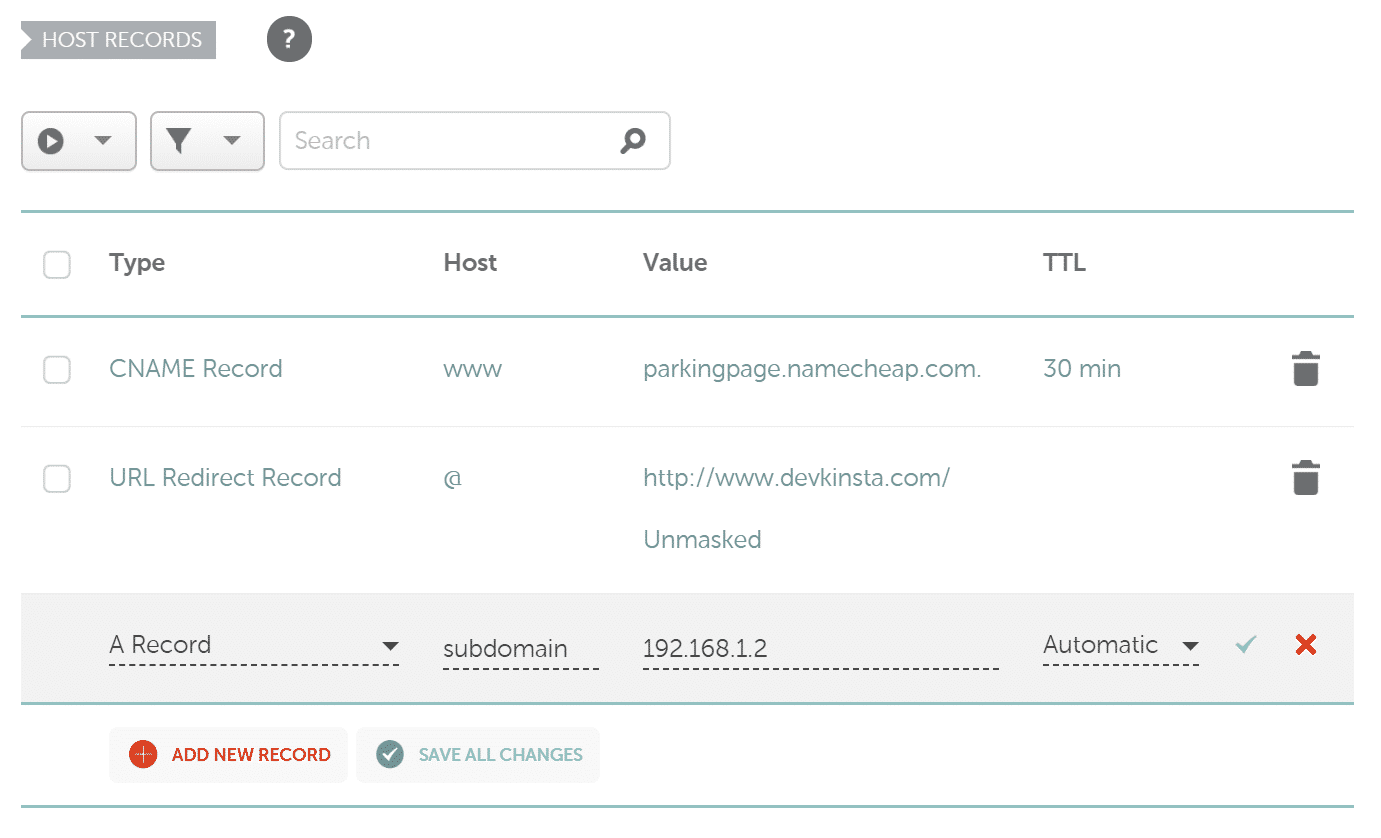 Record A del sottodominio Namecheap