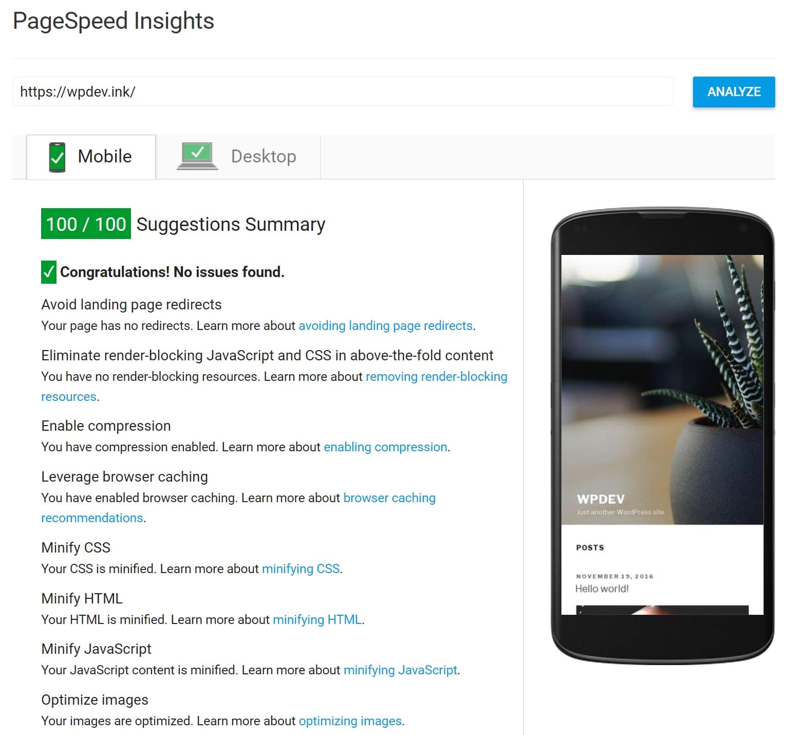 PageSpeed Insightsのテスト結果