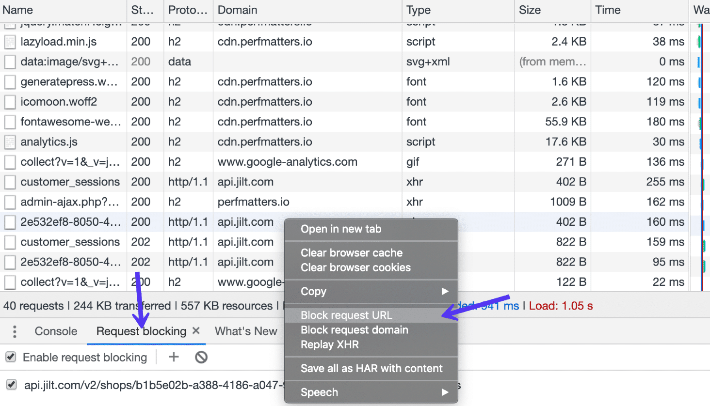 Block request in Chrome DevTools