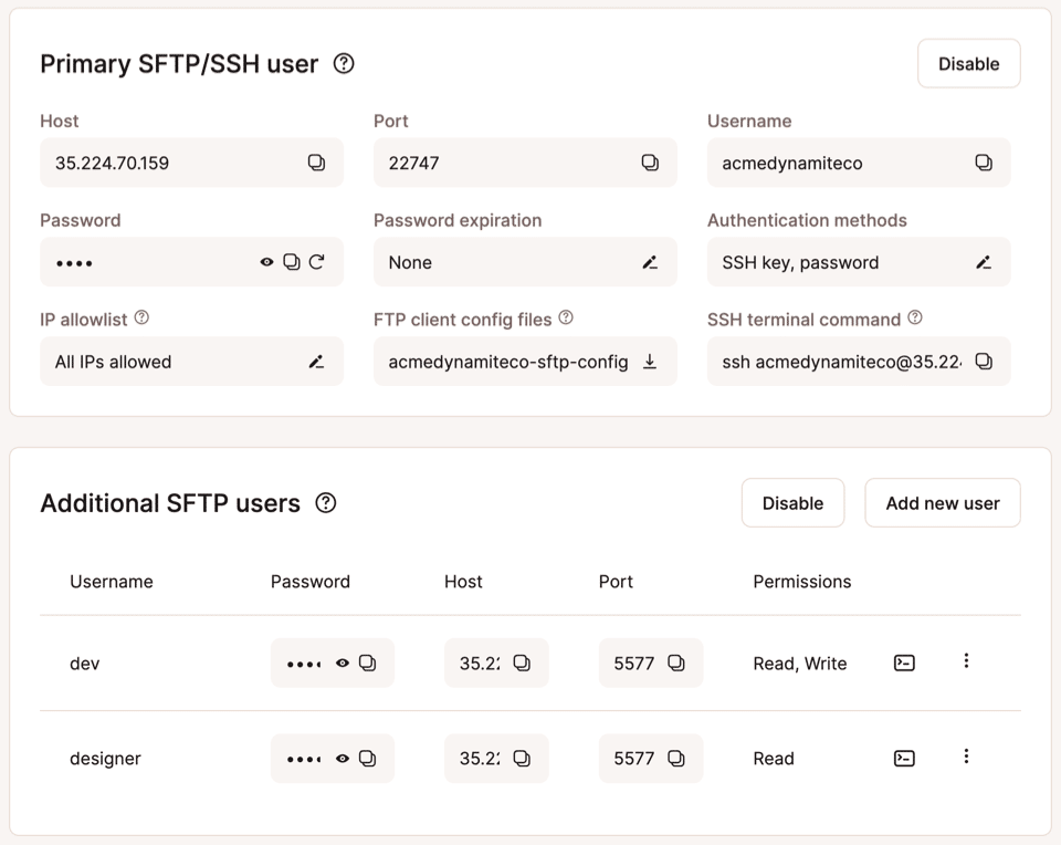 Uno screenshot delle informazioni SFTP/SSH nella dashboard di MyKinsta.