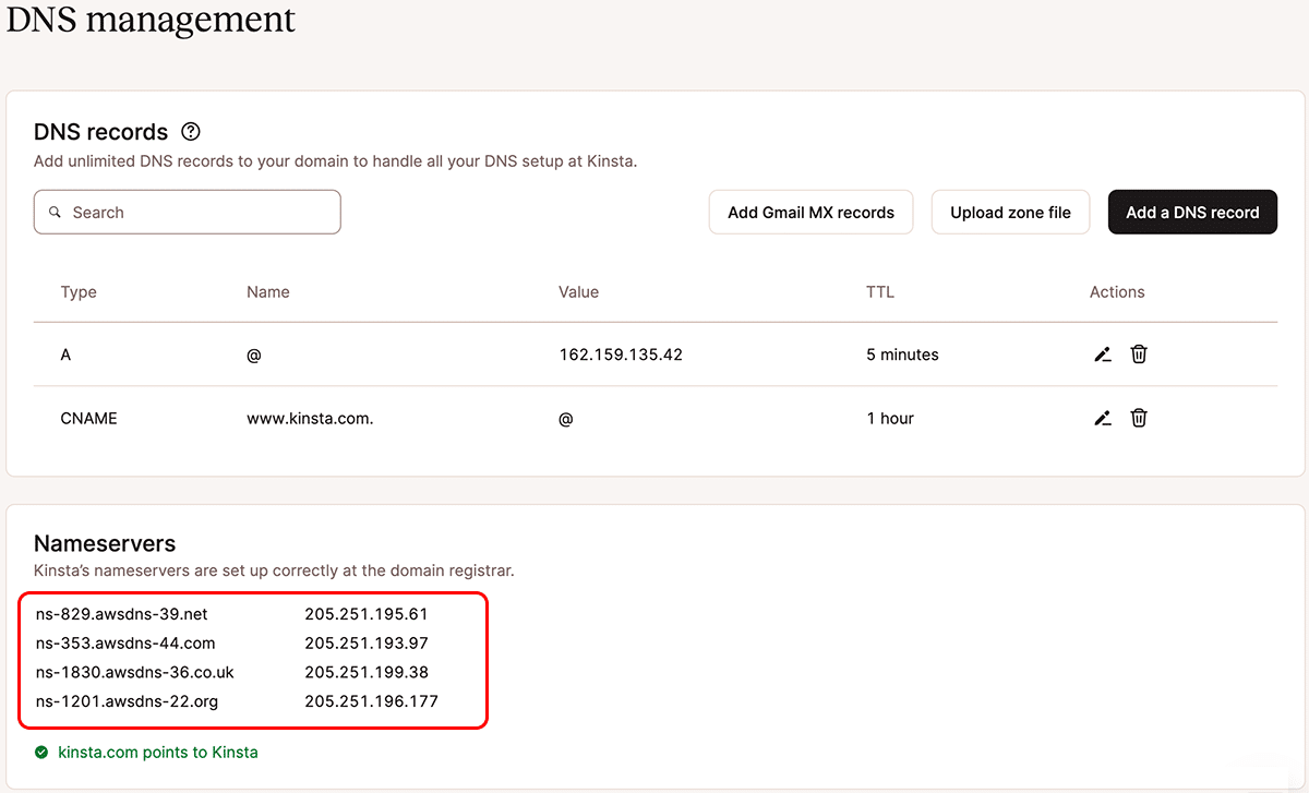 A screenshot of the DNS Management page in the MyKinsta dashboard with nameservers highlighted.