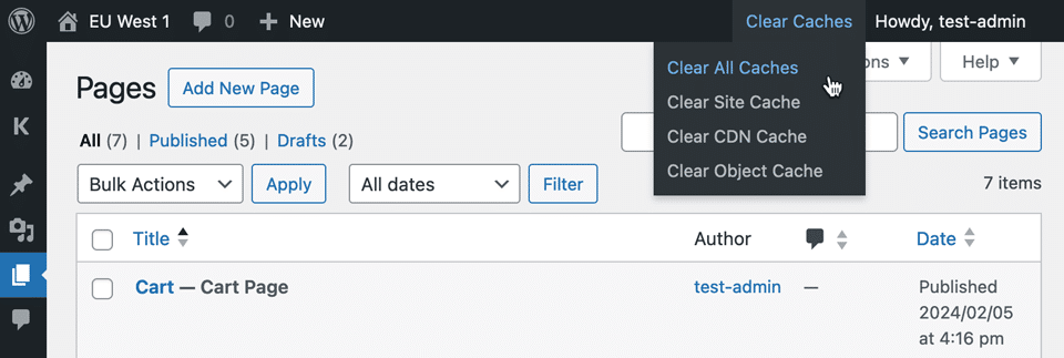 Screenshot del menu 'Svuota cache' nella barra degli strumenti di WordPress.