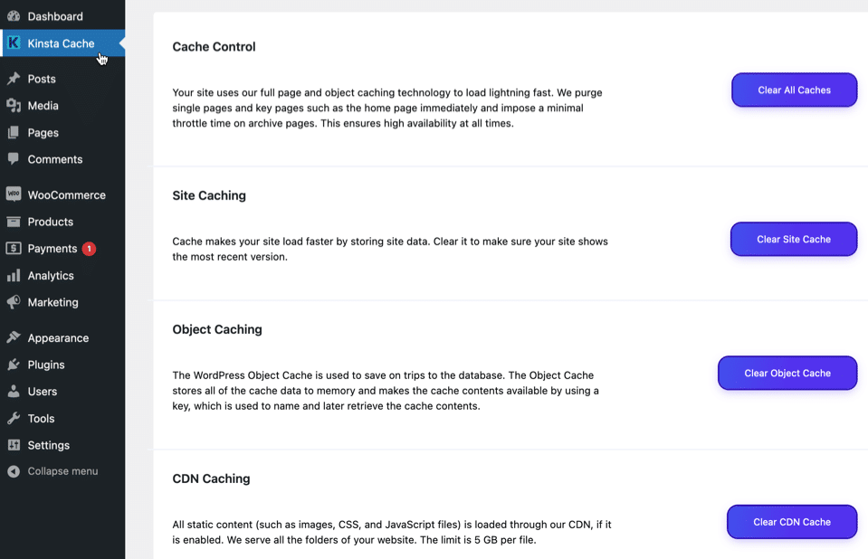 A interface Kinsta Cache do plugin MU.