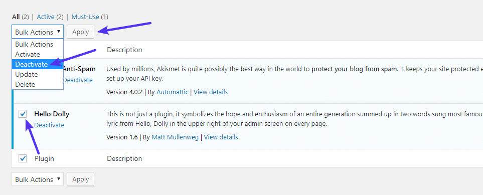 How to bulk disable WordPress plugins from dashboard.