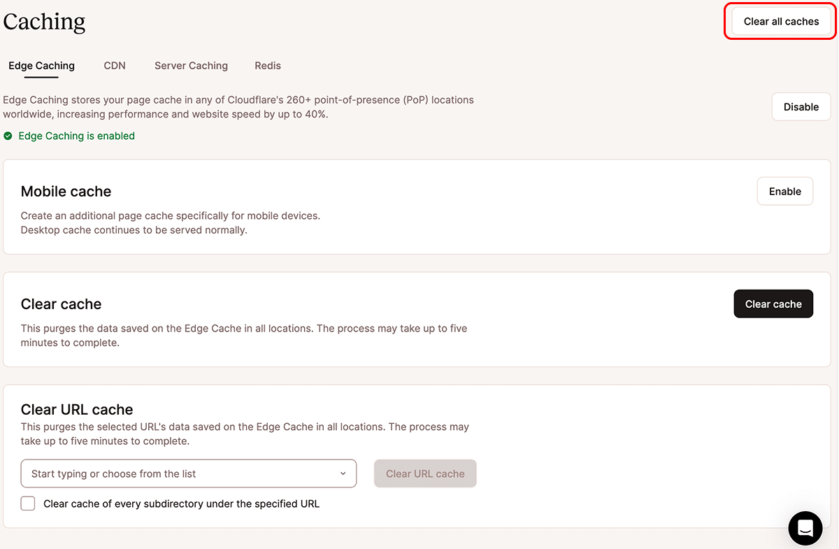 De optie om alle actieve caches te legen in het MyKinsta dashboard.