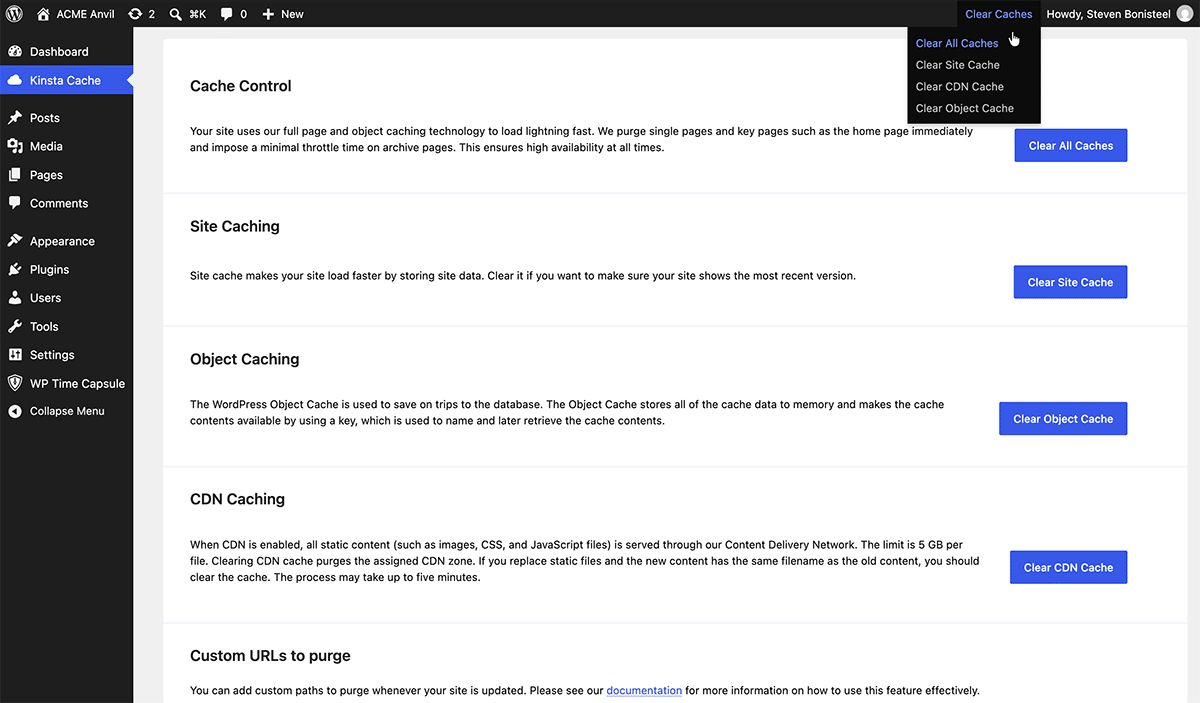 Opties om caches te legen in WordPress Admin.