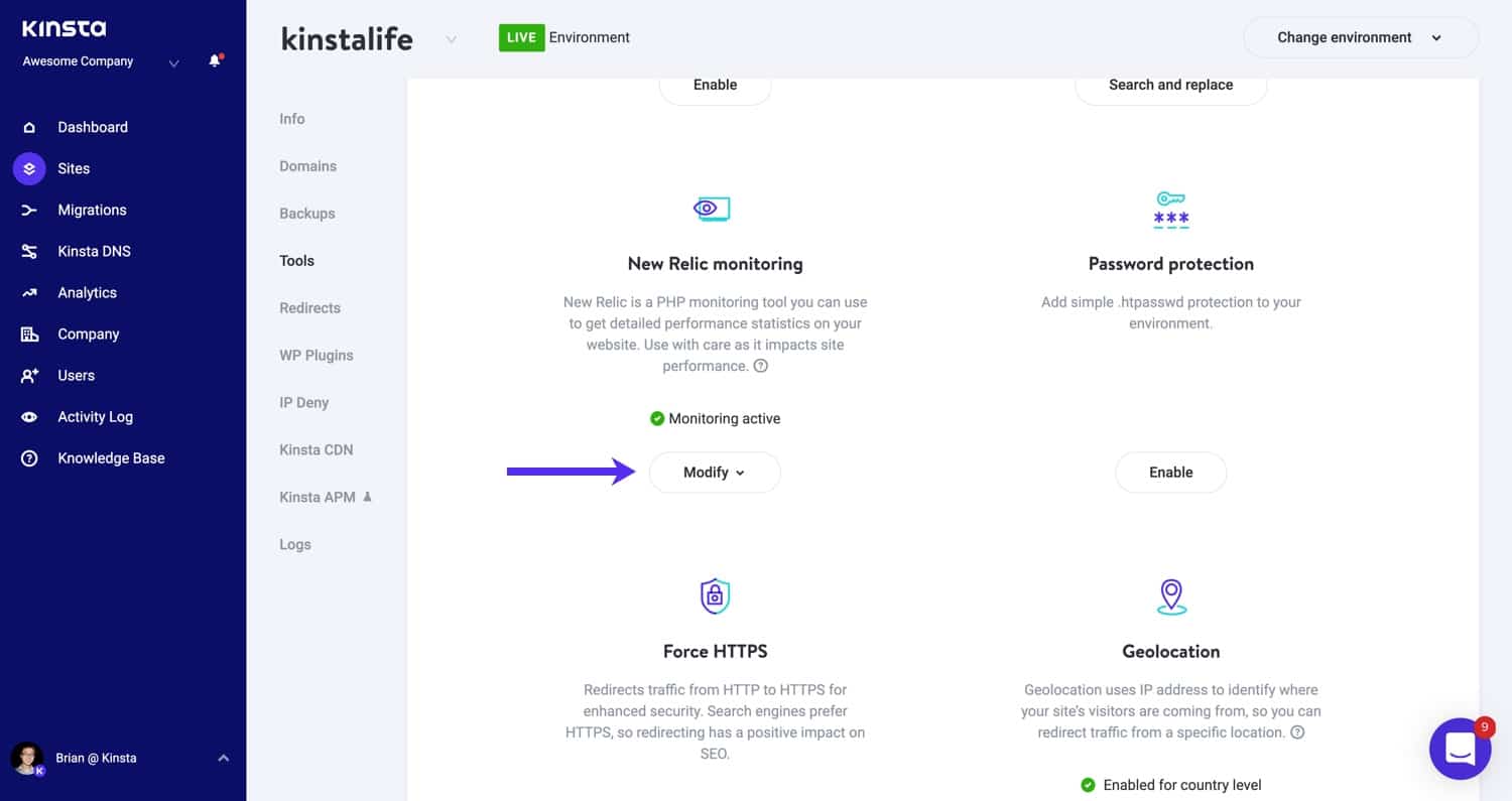 Enable New Relic monitoring in MyKinsta.