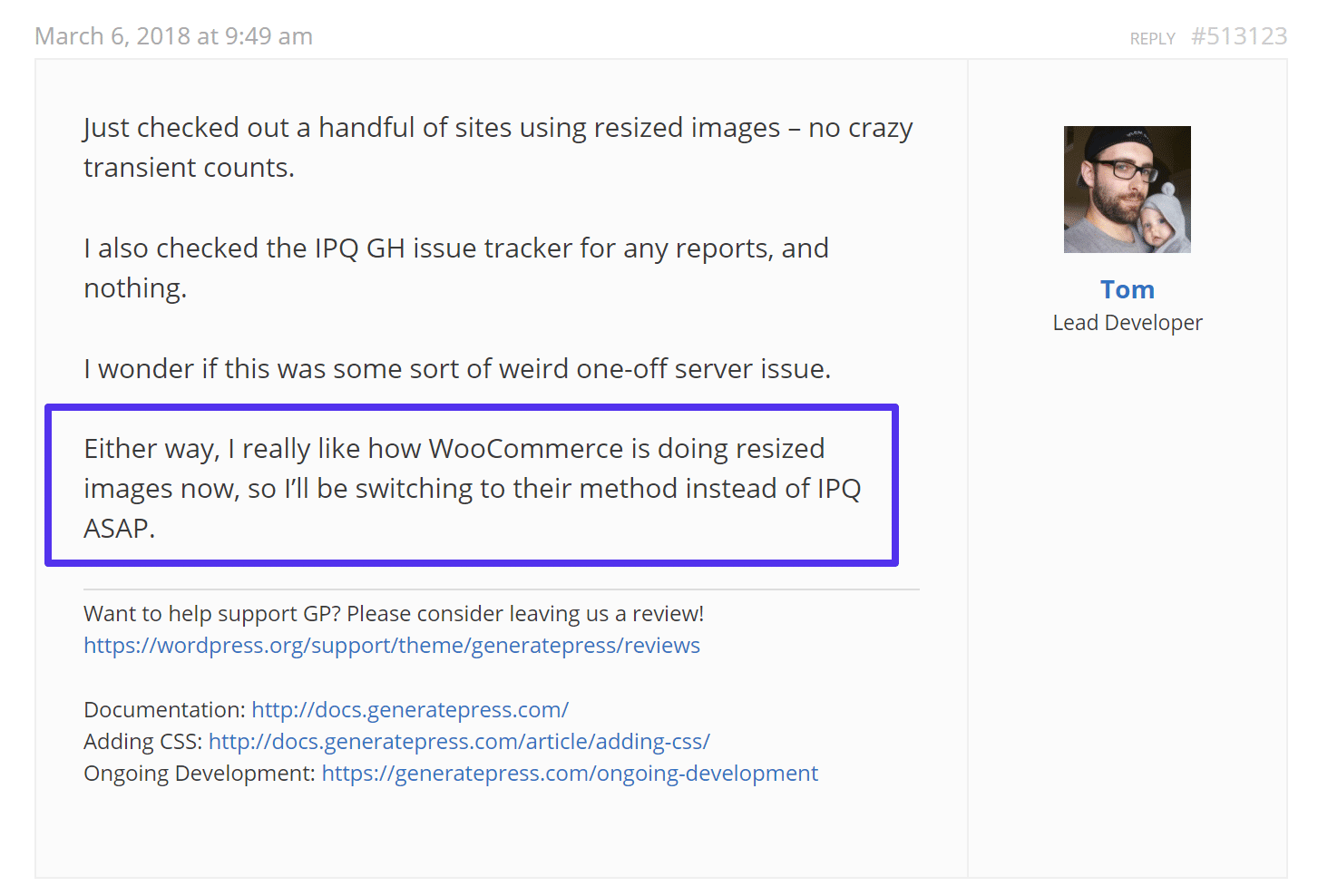 Response from WordPress developer