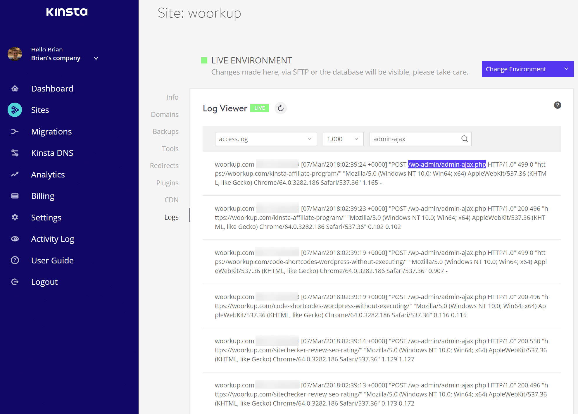 WordPress error log admin ajax requests