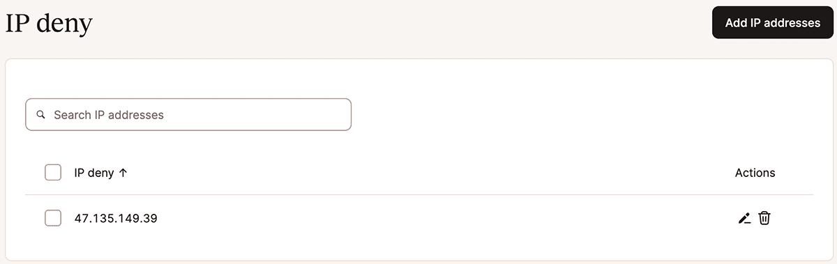 Una dirección bloqueada mediante la herramienta Denegación de IP en MyKinsta.