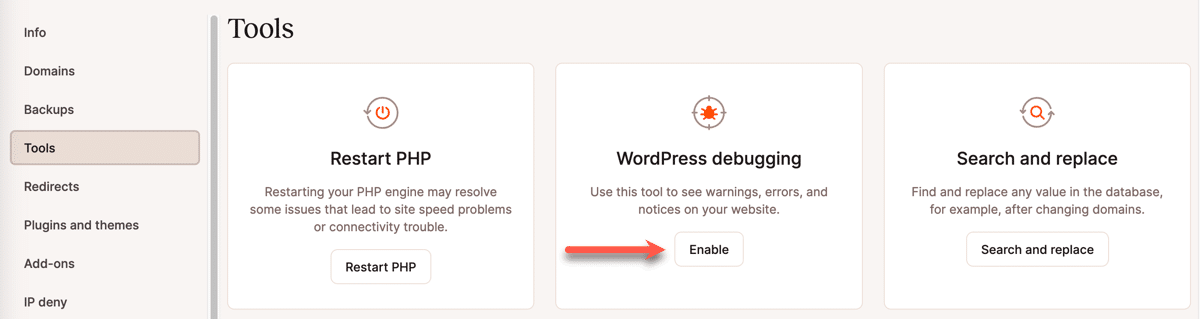 Schermata che mostra lo strumento di debug di WordPress in MyKinsta.