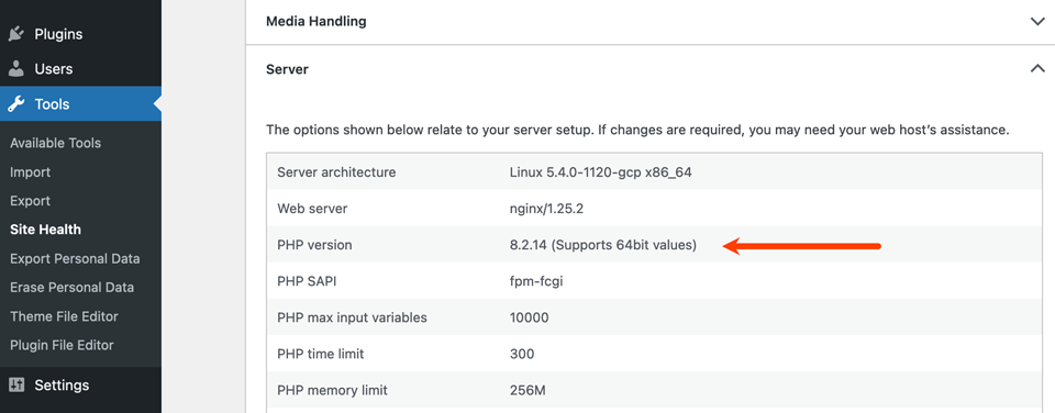 Schermata che mostra la versione PHP nello strumento di salute del sito WordPress.
