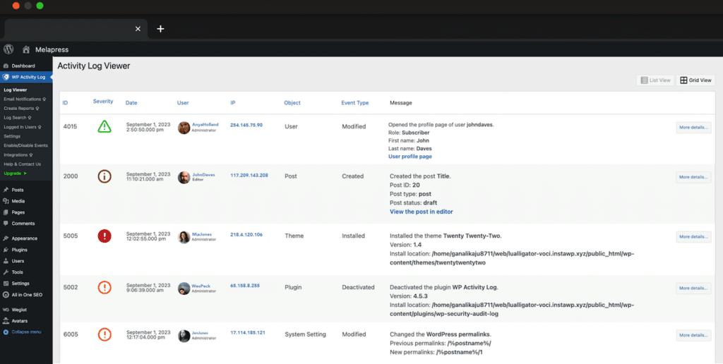 An example of the WP Activity Log plugin.