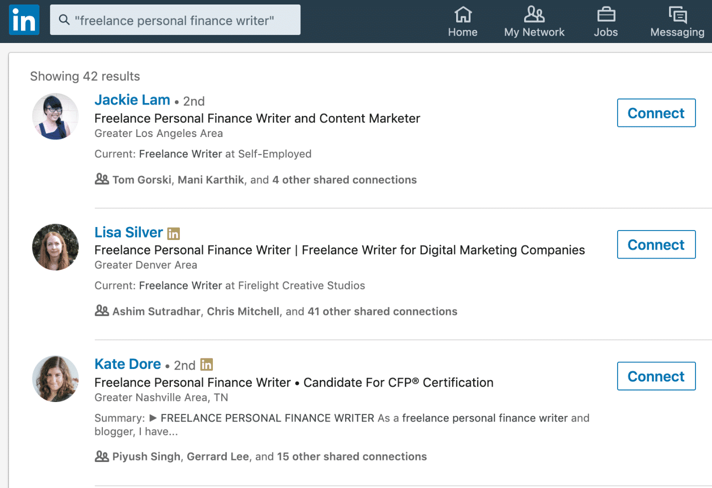 Freelance personal finance writer search on LinkedIn