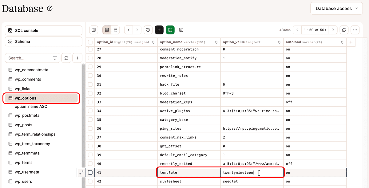 A screenshot of the Database tool in MyKinsta, with the wp_options table highlighted.