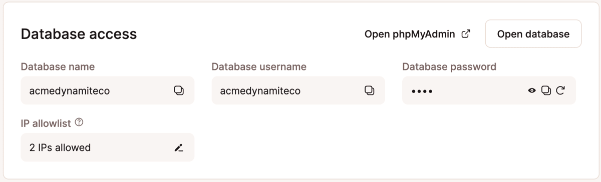 A screenshot of the Database access information card in MyKinsta.