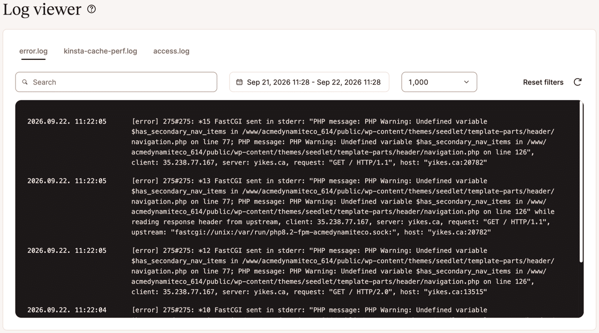 A screenshot of the Log Viewer page in MyKinsta.