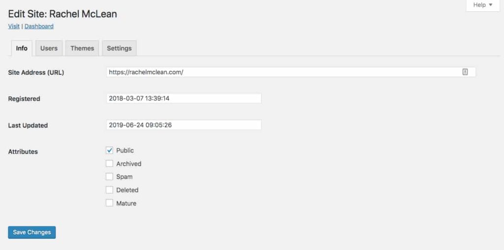 La schermata Modifica sito in Multisite