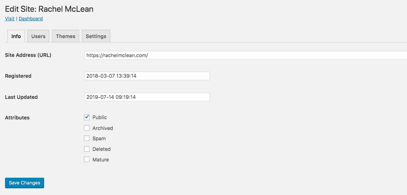 La schermata Modifica sito in Multisite