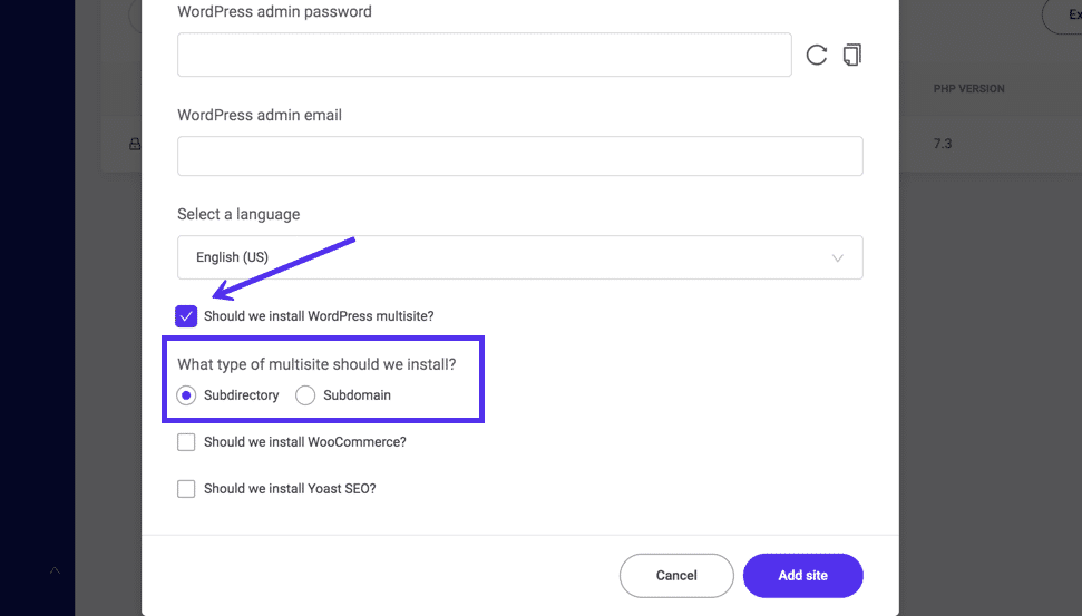 Attivare il Multisite durante l’installazione di WordPress su MyKinsta