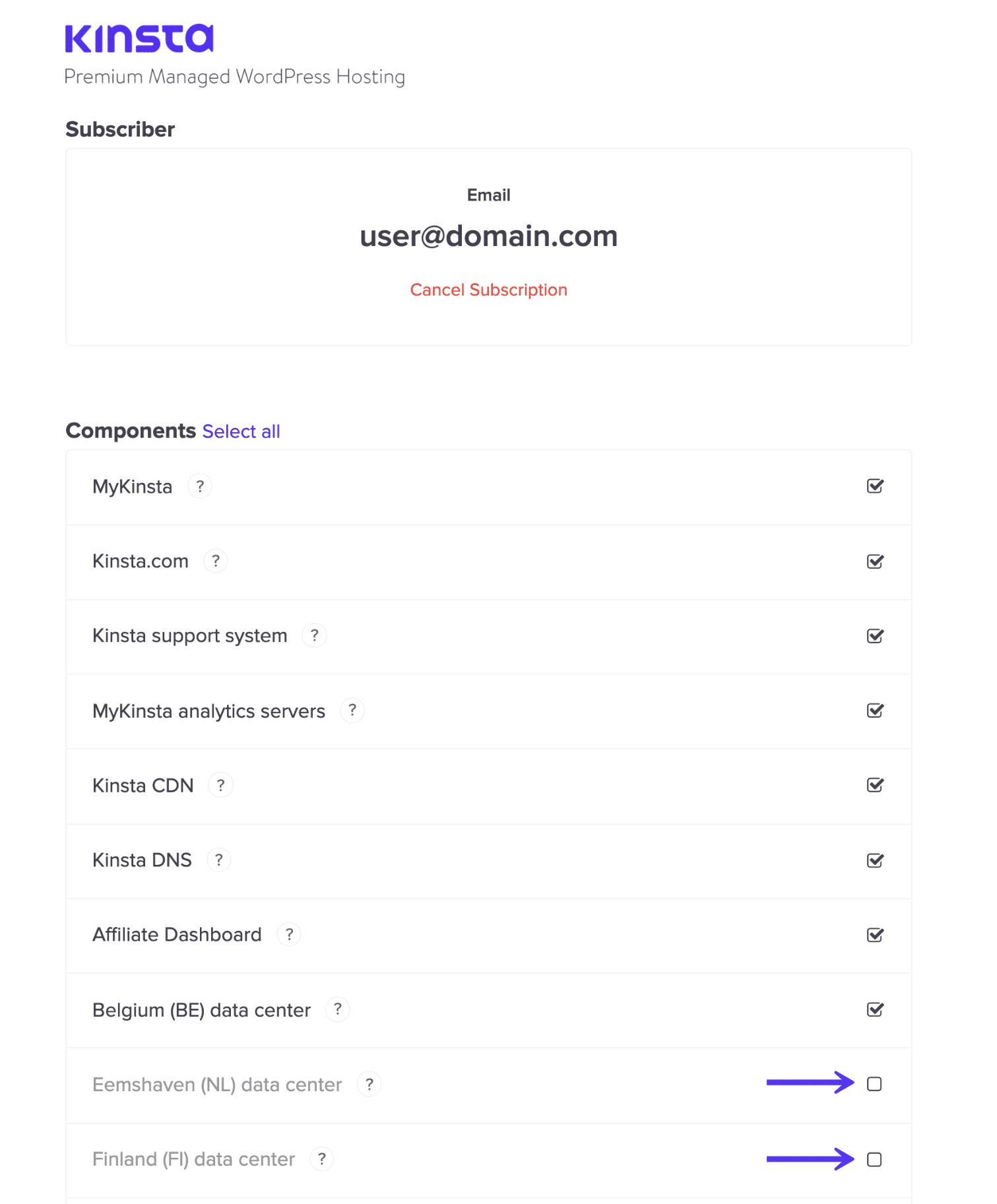 Choisir les abonnements de la page d'état de Kinsta