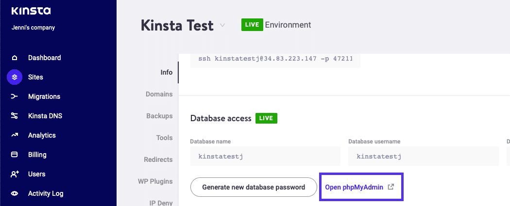 Aprire phpMyAdmin dal proprio account MyKinsta.