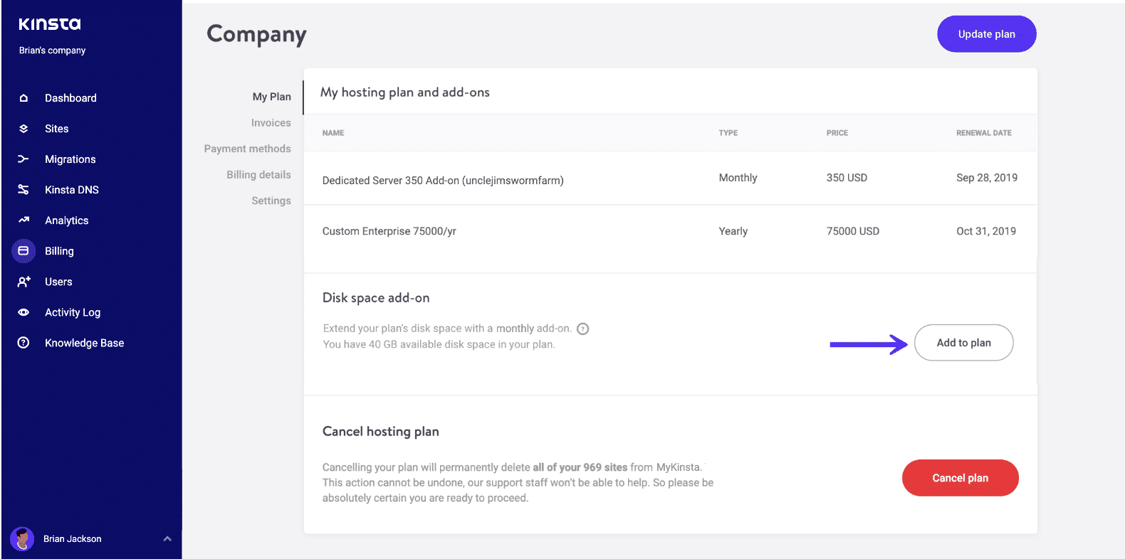 Adicione um complemento de espaço em disco no MyKinsta