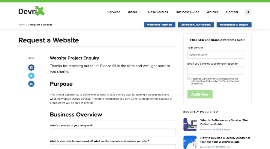 DevriX Agence WordPress Formulaire de demande de site web