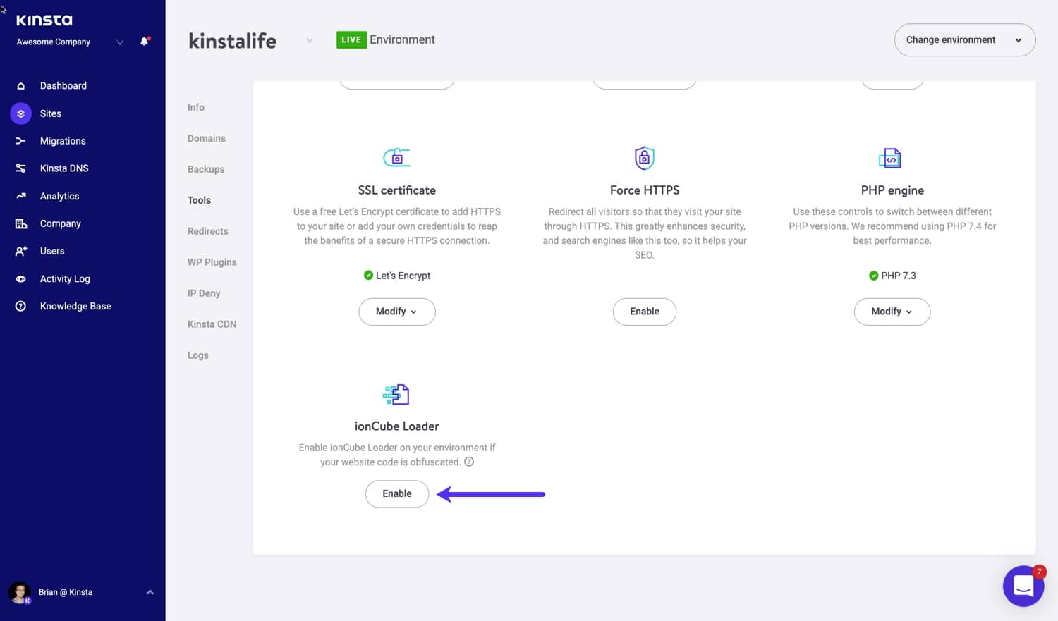 Habilite o ionCube loader no MyKinsta.