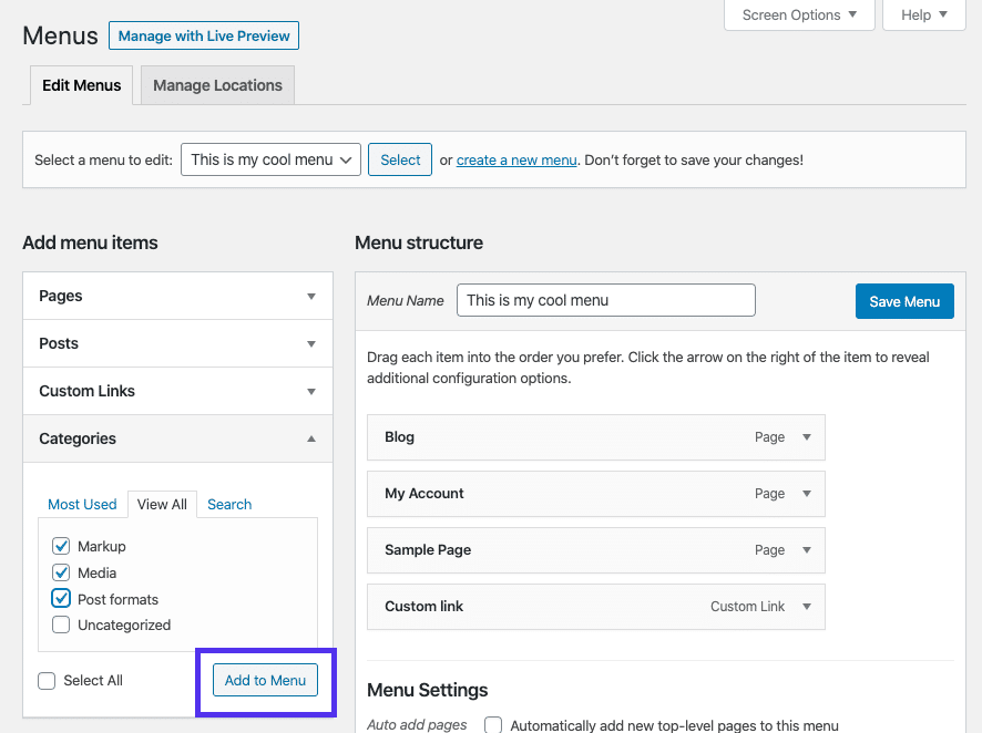 Adding categories to the menu