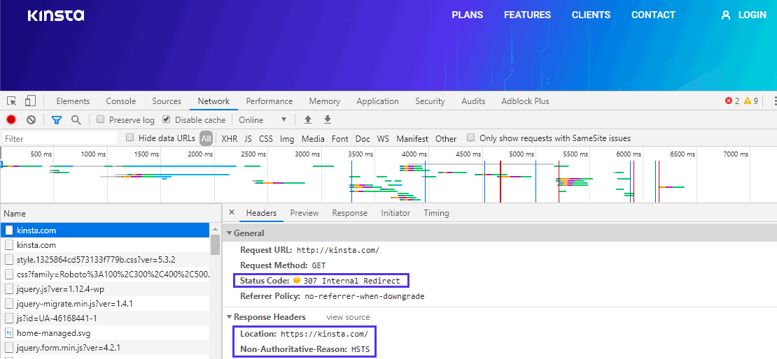 Exploring the 307 Internal Redirect response on Kinsta.com in depth