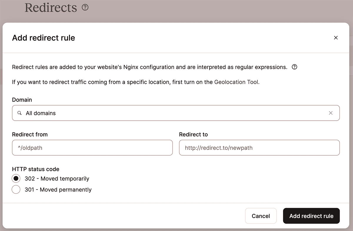 A screenshot of the dialog for adding a single redirect rule in MyKinsta.