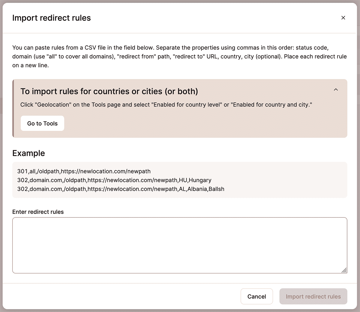 A screenshot of the dialog for bulk-importing redirect rules in MyKinsta.