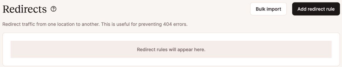 A screenshot of the Redirects landing page in MyKinsta with no rules in place.