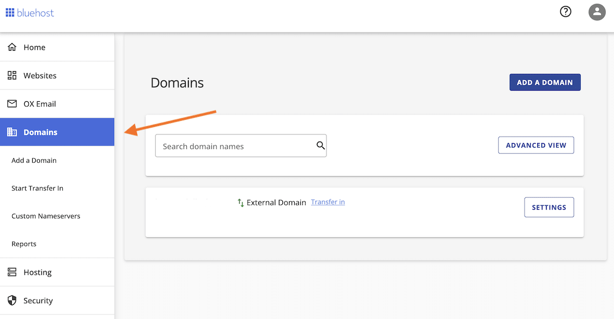 Bluehost dashboard voor domeinbeheer.