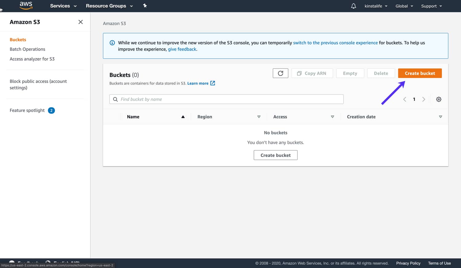 Click the Create bucket button in Amazon S3 Cliquez sur le bouton Créer un seau dans Amazon S3.