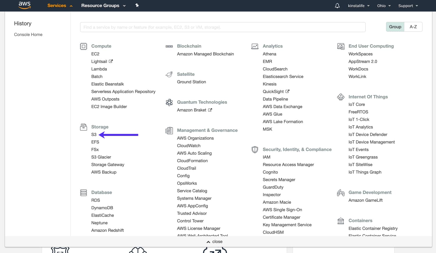 Select S3 under Services > Storage to begin creating an Amazon S3 bucket. Sélectionnez S3 sous Services > Stockage pour commencer à créer un seau Amazon S3.
