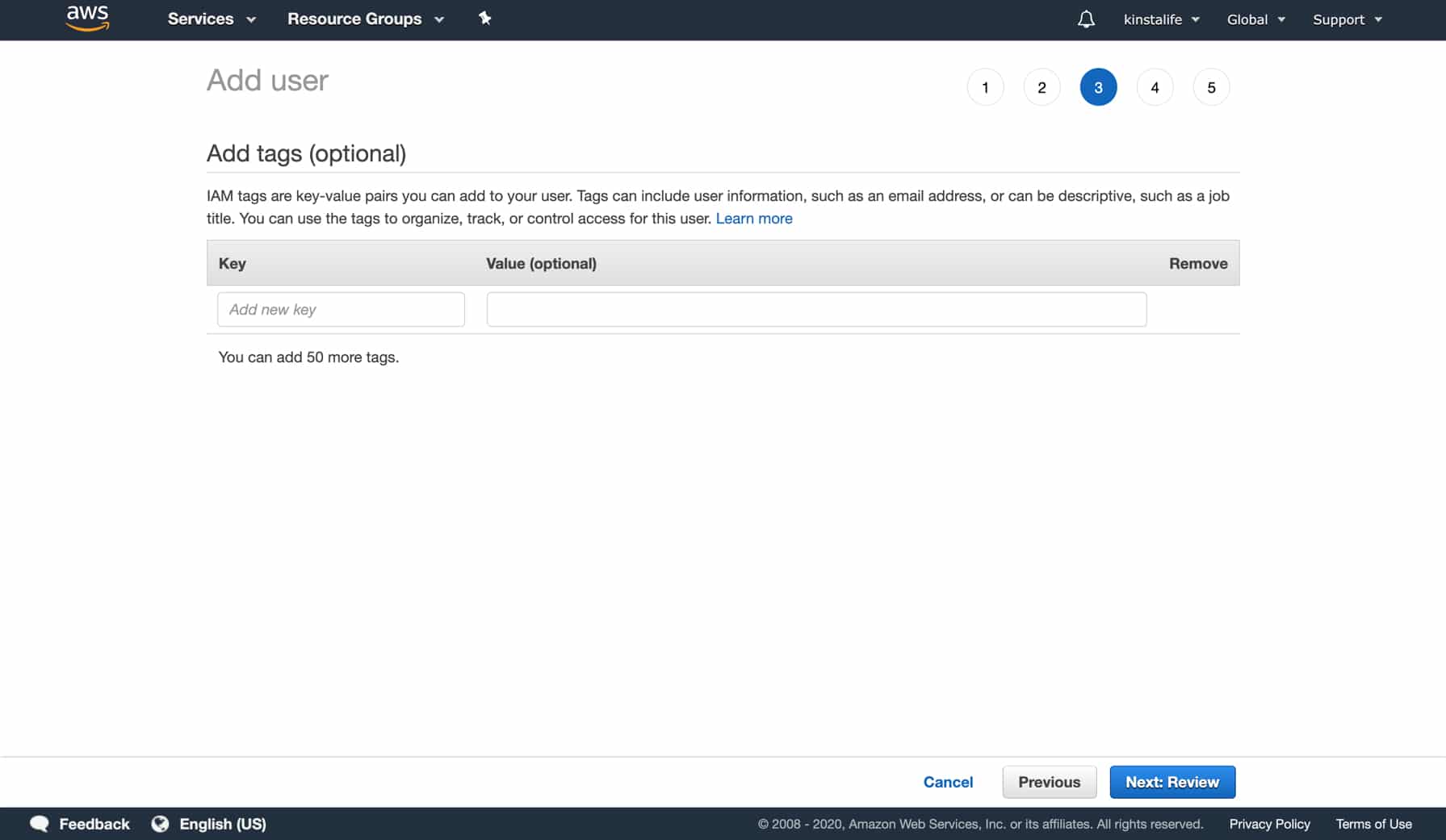 Add tags for your IAM user (optional) Ajoutez des balises pour votre utilisateur IAM (facultatif).