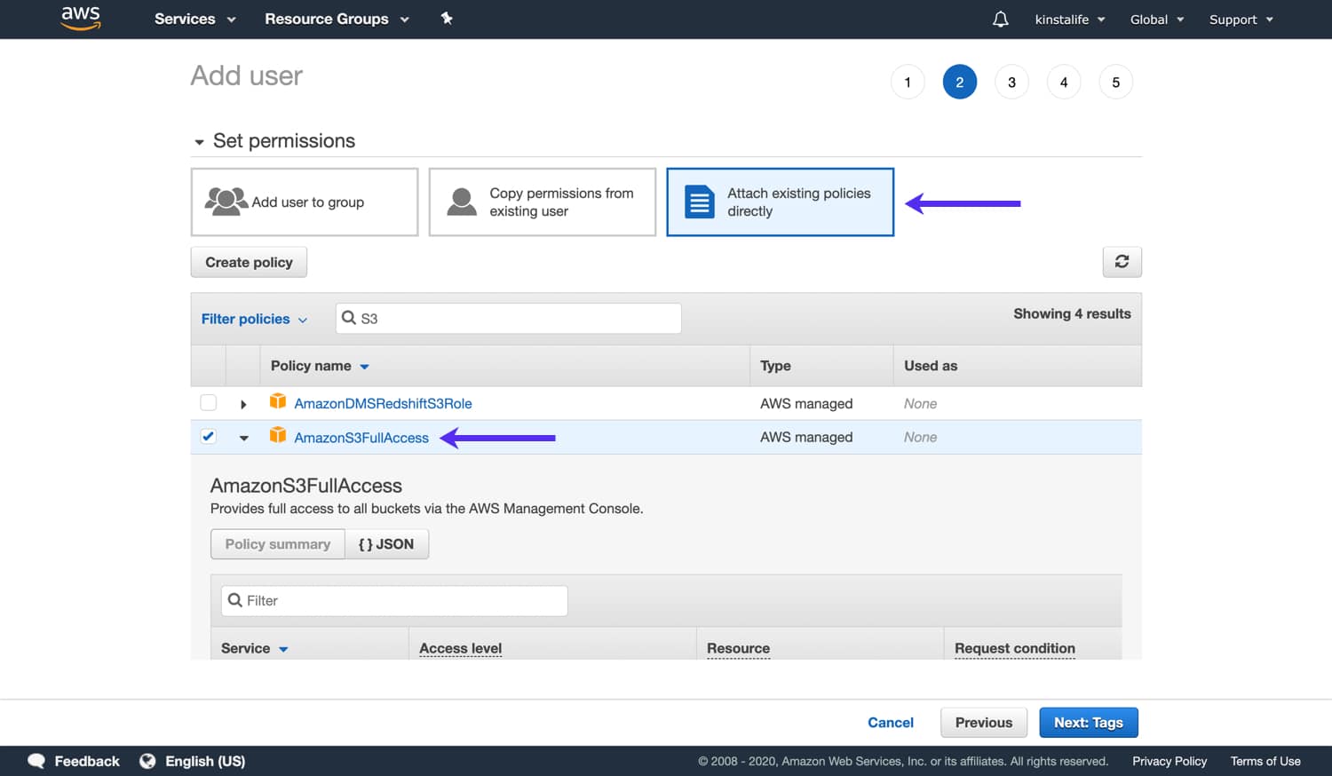 Add the AmazonS3FullAccess policy to your IAM user Ajoutez la politique AmazonS3FullAccess à votre utilisateur IAM.