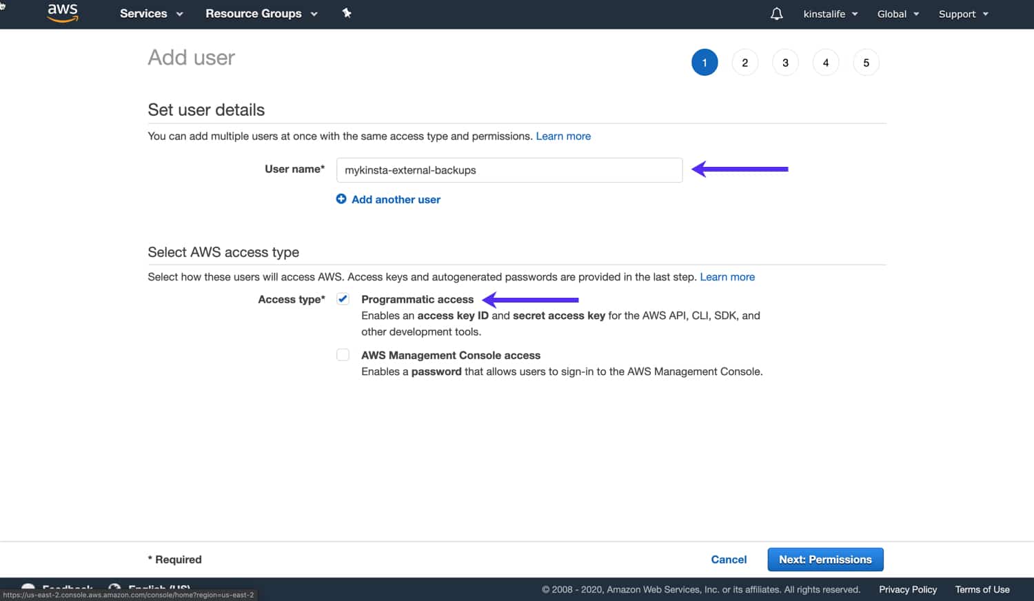Specify a username and access type for your IAM user Spécifiez un nom d'utilisateur et un type d'accès pour votre utilisateur IAM.
