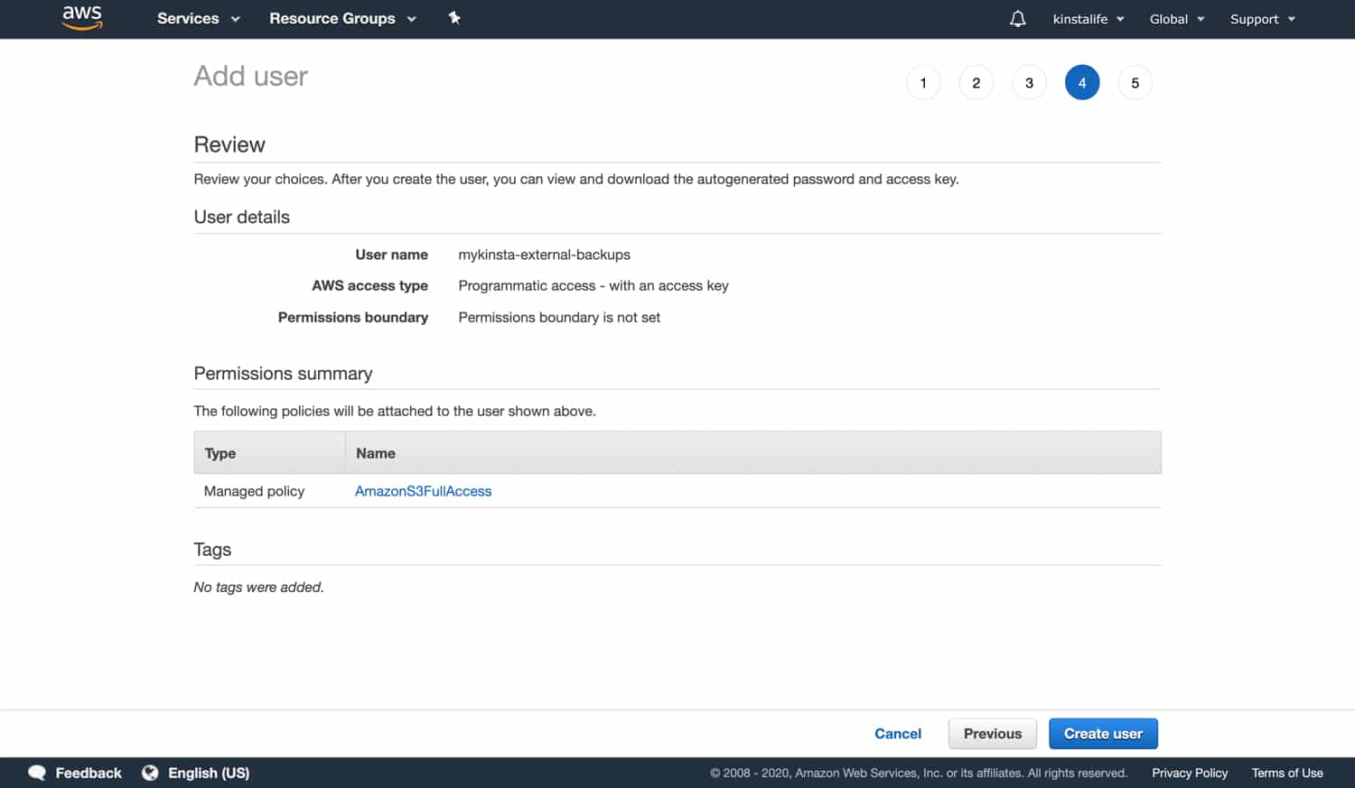 Review the settings for your IAM user Passez en revue les réglages de votre utilisateur IAM.
